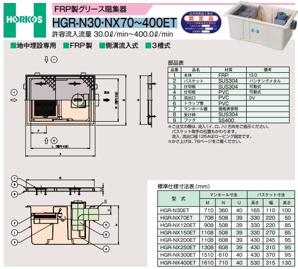 ホーコス ステンレス製グリース阻集器 耐荷重蓋仕様 適用荷重T-14仕様