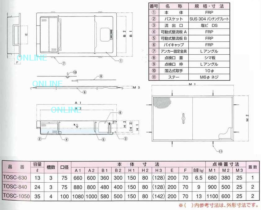  《KJK》 プレパイ工業 FRP製 グリーストラップ パイプ流入床置型(食器洗いシンク用) ωλ1 - 2